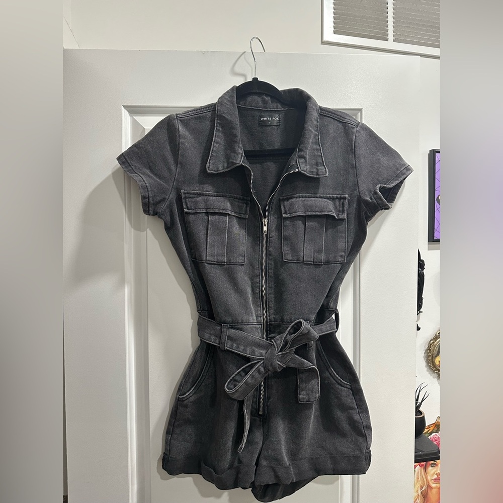 White Fox Boutique Black Denim Jumpsuit with Belt
